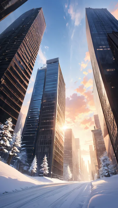 quiet morning, snow scene, skyscrapers, morning glow, fluttering powdery snow, low angle shot, ultra-wide-angle lens, looking up...