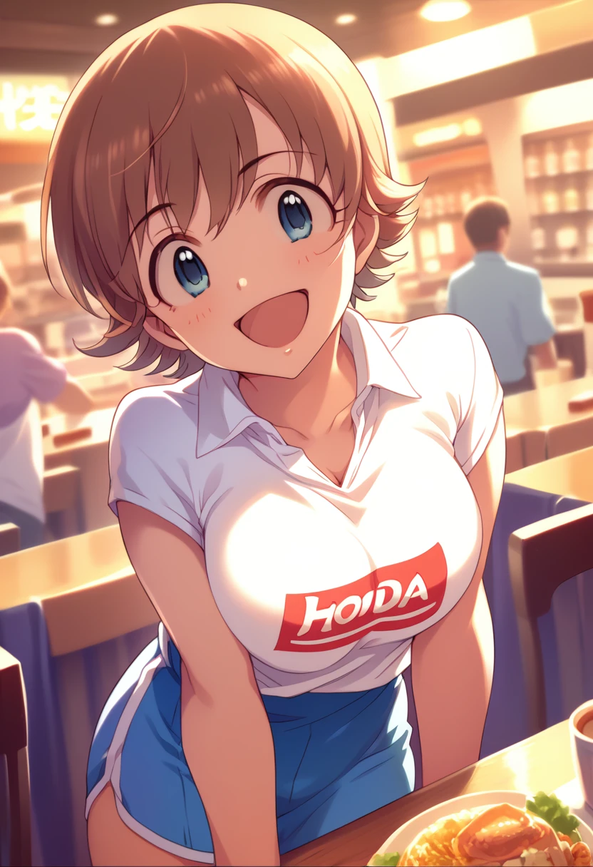 My happy honda, underwear, Seductive,big detailed breasts, short hair, by the cafe, blue eyes, excited