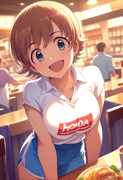 my happy honda, underwear, seductive,big detailed breasts, short hair, by the cafe, blue eyes, excited