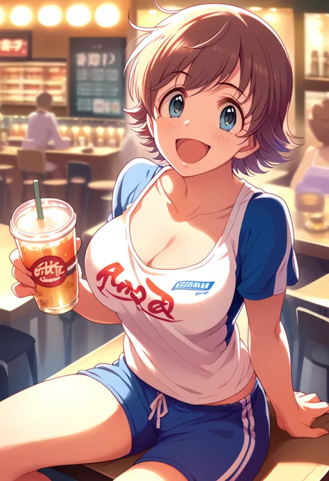 my happy honda, underwear, seductive,big detailed breasts, short hair, by the cafe, blue eyes, excited