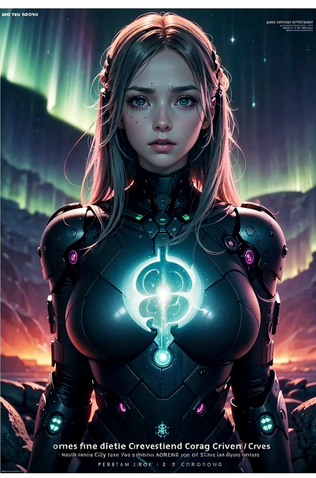 Lovecraftian gal, sexy cyborg body part, huge large big, clean skin breasts, magazine cover, poster art , Lovecraftian creative creatures, hint of vibrant, matted design layout. technological elements, cosmic dread, Mystical Northern Lights,　Lots of little explosions、　 noise background