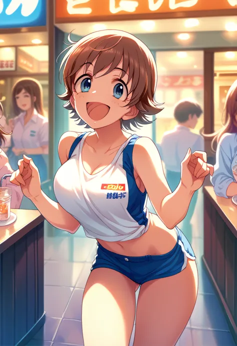 my happy honda, underwear, seductive,big detailed breasts, short hair, by the cafe, blue eyes, excited, taking off the clothes