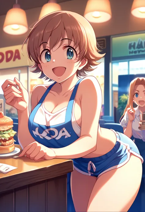 my happy honda, underwear, seductive,big detailed breasts, short hair, by the cafe, blue eyes, excited, taking off the clothes, ...