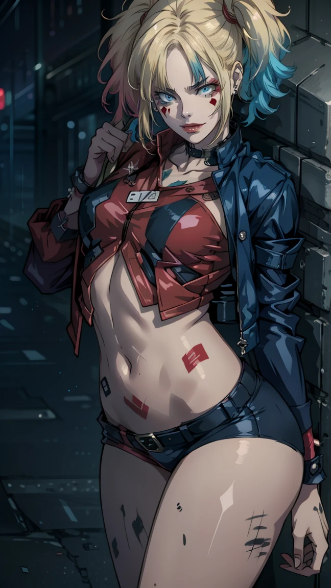 Harley Quinn from Suicide Squad, slender body, short hair, sexy eyes, foreground, I look at the viewer, 8 K, high quality , very detailed eyes, Long face, Cyberrealism, beautiful eyes, realistic, high quality, Thick, portrait, Perfect eyes , silky hair, slender body, hair on one side, Hot lips, eyes are the same size, Young face, high legs, very detailed eyes, shiny body, tattoos, pink hair, detailed eyes, freckles, Eyes of the same color,  sexual, face to face,  split, visible navel,