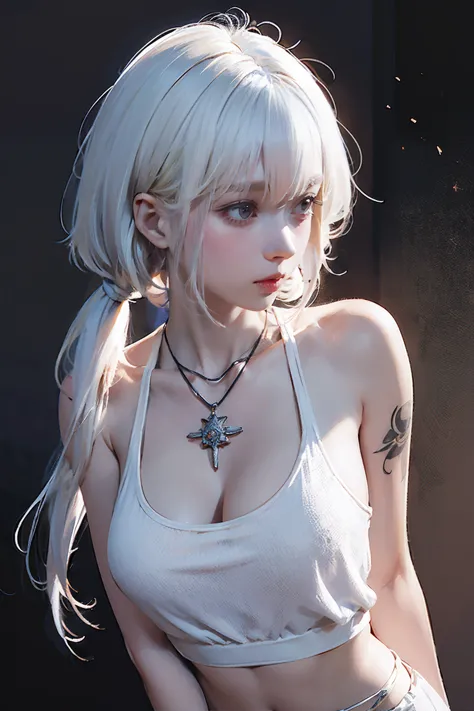 nsfw,((woman with tattoo on chest)), , ((short white hair with bangs, black strands of hair)), purple eyes, (white tank top and ...