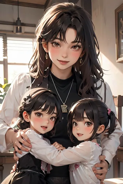 a man ((black hair, big smile, brown eyes)) holding his 2 girls, ((family photo))