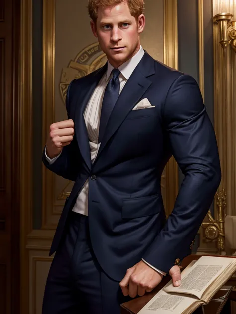 lustration in leyendecker style : muscular and pumped-up prince harry as james bond , agent 007, in an expensive suit