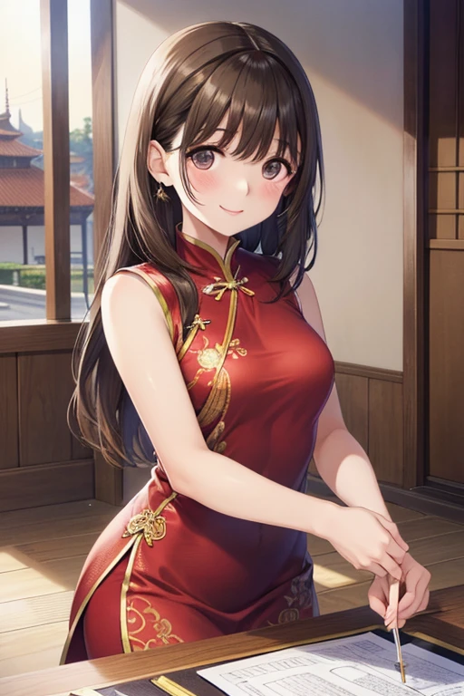 anegasaki nene、Shiny brown hair, Shoulder-length hair (Beautiful brown eyes、Sparkling eyes, Fine grain)、smile、Ultra-detailed eyes、Highly detailed face, Highly detailed eyes,



Beautiful woman, city,(Sleeveless cheongsam mini dress),  (Gold embroidery thread), Outdoor Chinese House, 軽いsmile, ((Beautiful Hair)), A little blush, ~ side, (chest), Line art, Scan Painting Art, Colored pencil art, (hand drawn art), 