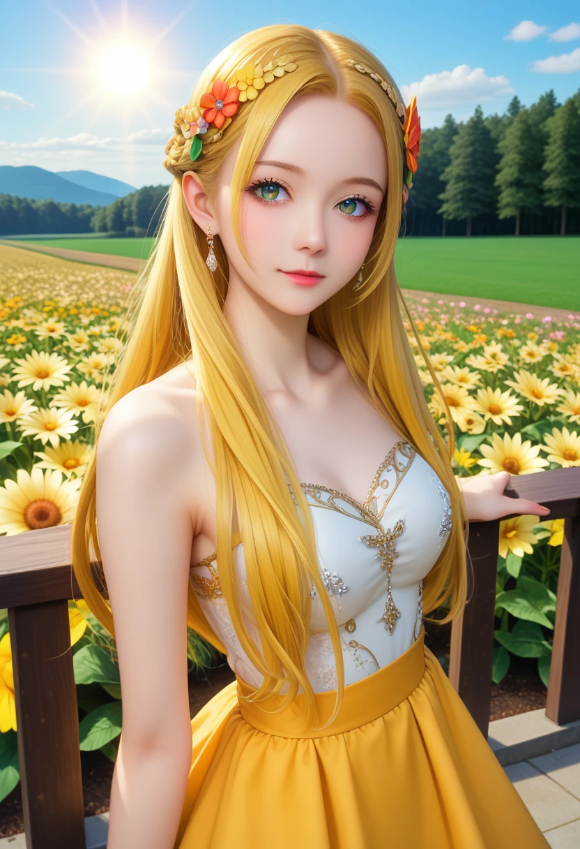 pfstyle, Anime Girl Alone, sexy, Charming, Long Very Hair White Colors, Fashionable Outfit with beautiful design, Hair Shine in the Form of Golden Dust, very beautiful, Facing the Spectator, Leaned on the Wooden Gate, Background: Field of colorful flowers, Fairytale Wind Swirls in the Background, Clear Elaboration of Details, bright colors, The Sun&#39;s Rays Are Shining, Clouds are floating across the sky, The Picture is Alive, Small Animals Squirrels Run, Full elaboration of details, masterpiece, maximum details, Huge Scale Painting,score_9, score_8_up,score_7_up, masterpiece, best quality, perfect anatomy, very aesthetic, official art, 8k