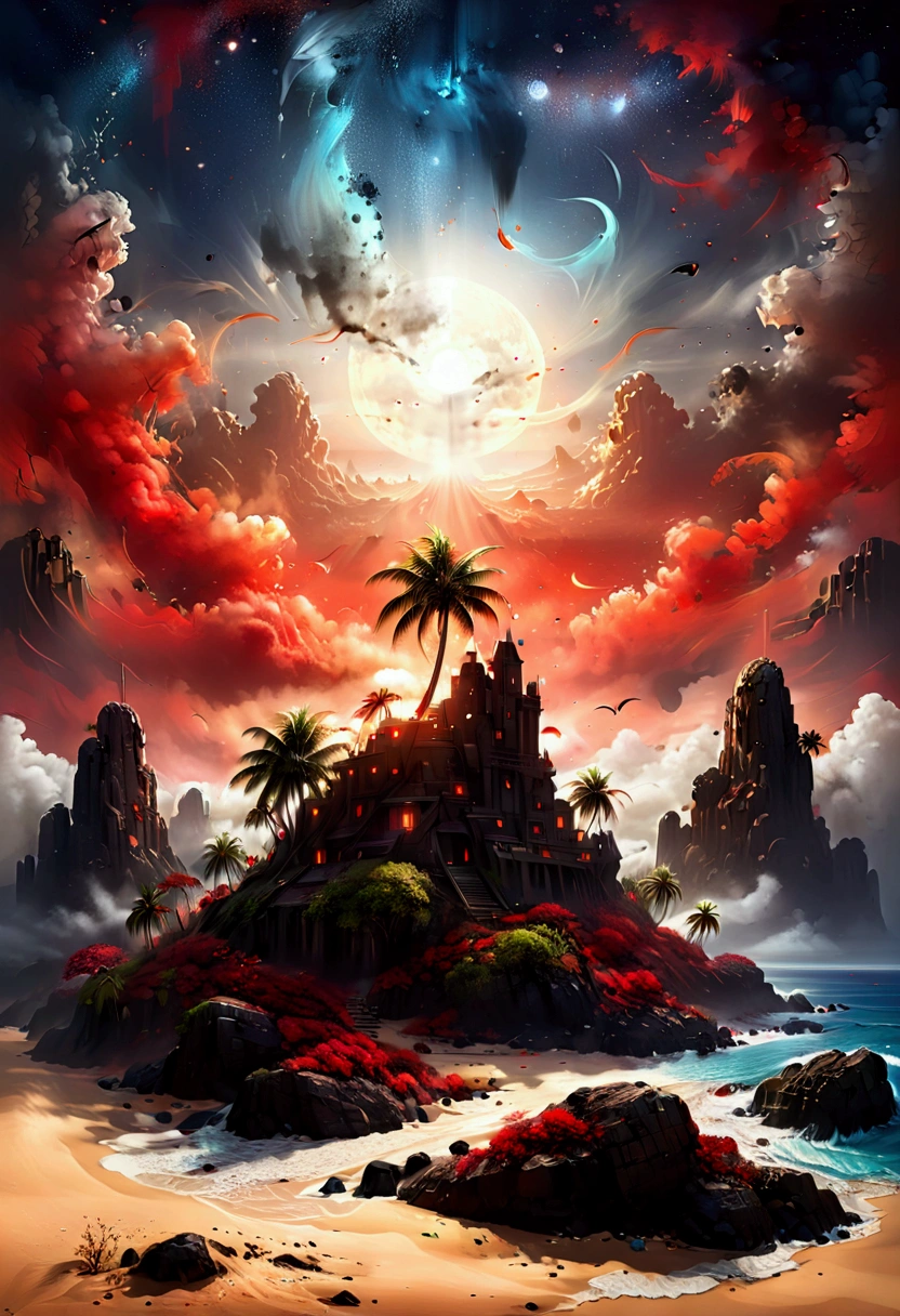 Rafid, A mysterious island painting, Mysterious Island, Secret Island, There are some palm trees there, White and red sand, Mist shrouds the island, This is the time between night and day, The sun is on the horizon，There are still some stars in the sky, The ruins of the ancient tower are clearly visible, Veins crawling on it, Dynamic Angle, 超high resolution, High contrast, (masterpiece:1.5), best quality, Best aesthetics), 16K Fantasy Art, The finest details, best quality, high resolution, Ultra wide angle, 16K, [Extremely detailed], masterpiece, best quality, (Extremely detailed), 