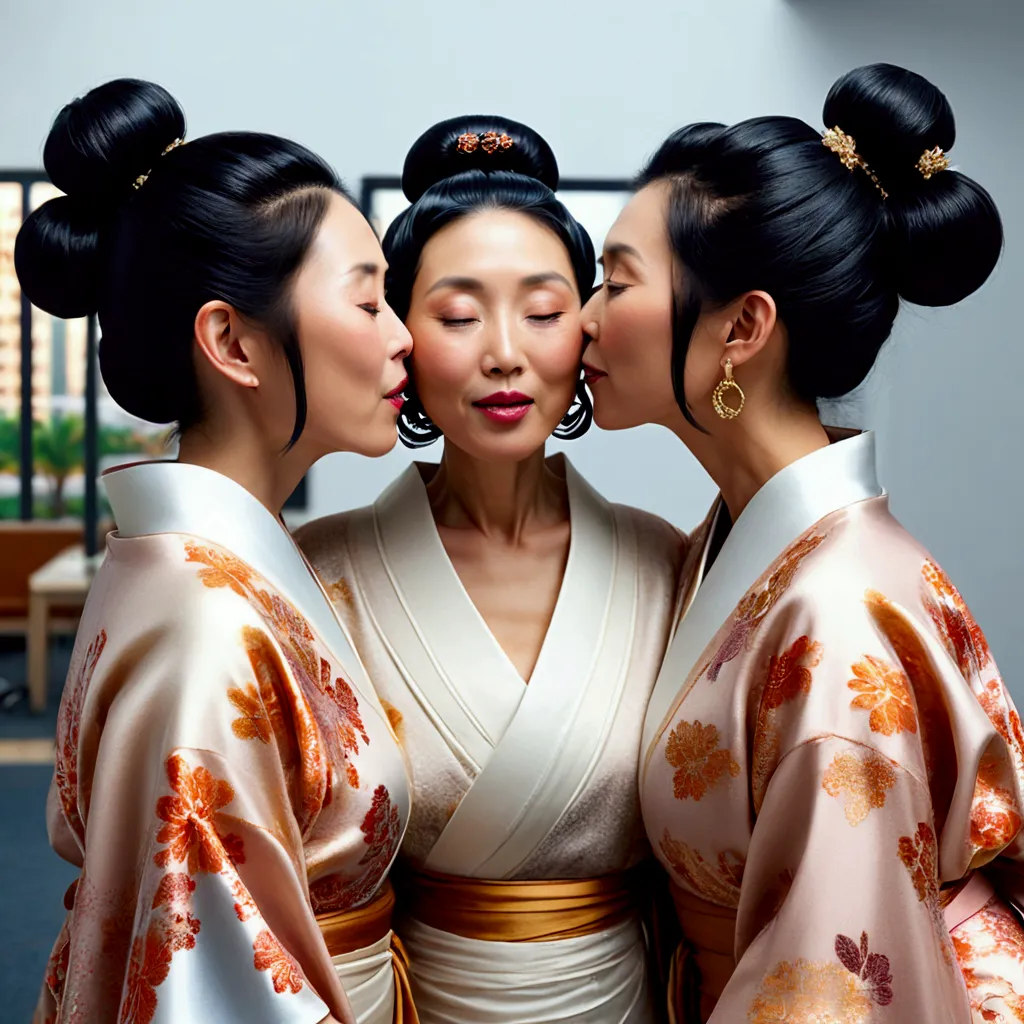 three japanese eldery mature ladies in kimono at luxerius office items sorrounded bright lighted modern office,their black strai...