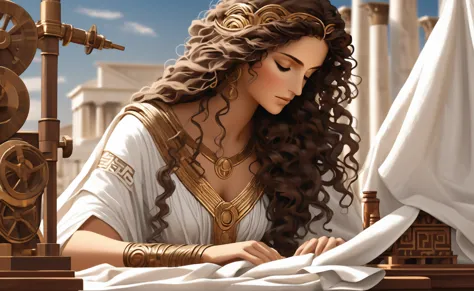 in ancient greece, a beautiful woman named theodota, with long, curly brown hair and bright brown eyes, wearing a flowing white ...