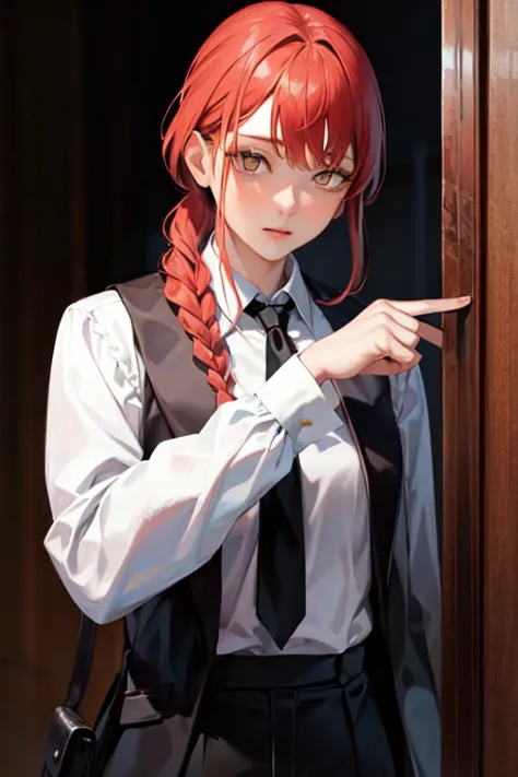 (highest quality)、(highest quality)、hand、expressionless、strong redhead、suit、braiding、