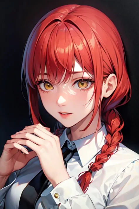 (highest quality)、(highest quality)、hand、expressionless、strong redhead、suit、braiding、