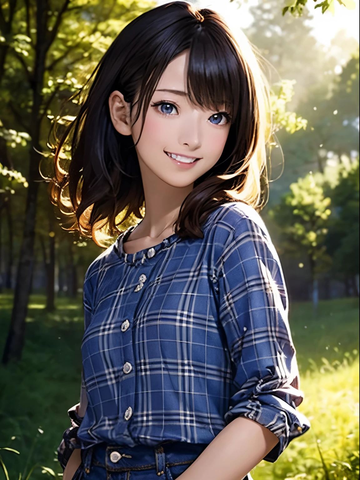 High resolution, 8k, Highest quality, detailed, Semi-realistic anime, Anime 3D Style, Smooth anime CG, One Girl, A 20-year-old Japanese woman, slim, Modeled, Shiny brown hair, detailedな顔, Beautiful and detailed, Glowing Skin, Hard Focus、Film Grain, Soft lighting, Looking at the audience, Laughter, (casual outdoor wear、Checkered shirt and jeans), in lush forest、Campsite with smoke rising from a bonfire