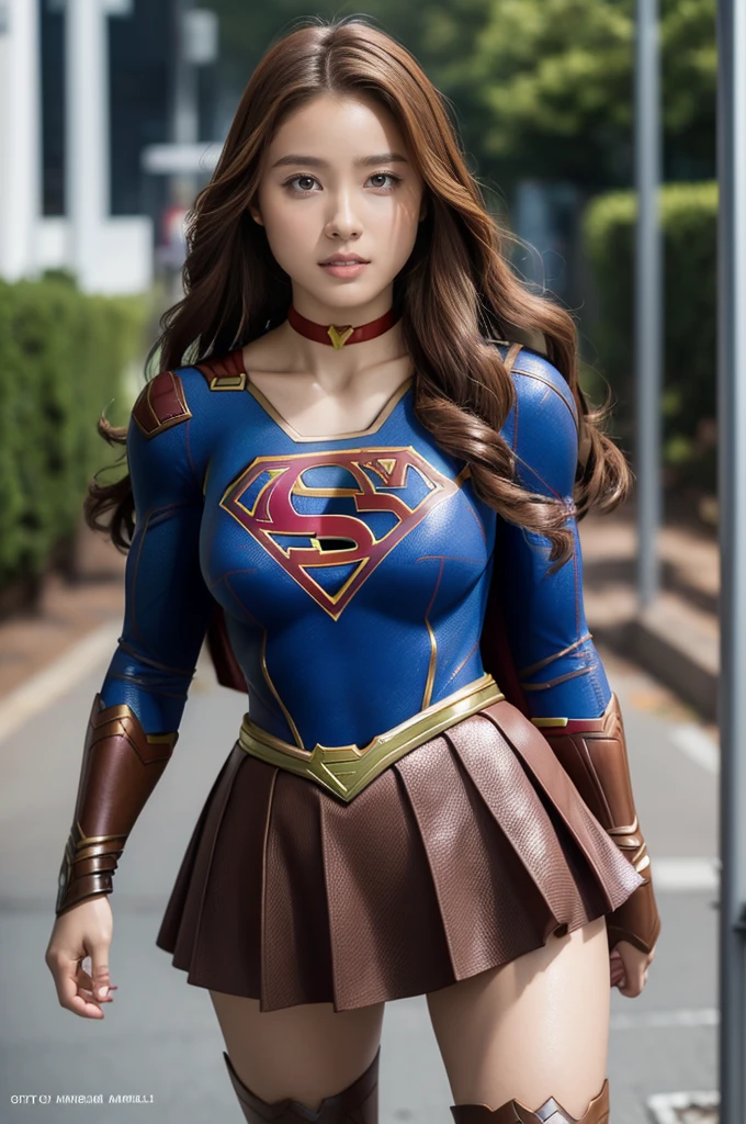 Ultra-realistic depictions,ultra-fine photos,, Best quality, Ultra high definition, Natural light, Full body portrait,( Amazingly beautiful style),((Chestnut hair and semi-long hair that sits in the wind))), Dynamic poses, Detailed beauty face, Brilliant eyes, Front view, (((supergirl costume))), enamel boots, big and full breasts, off shoulder, model body shape, shiny, long sleeve, looking at camera, choker, red mini skirt, Weekly magazine cover, gravure magazine, sweaty, from right in front, Seduce, Urban street, (Beautiful body in detail),((Big)),High detail skin, Realistic skin details, visible pores, sharp focus, 8K UHD, digital, high quality, fair skin, view from below