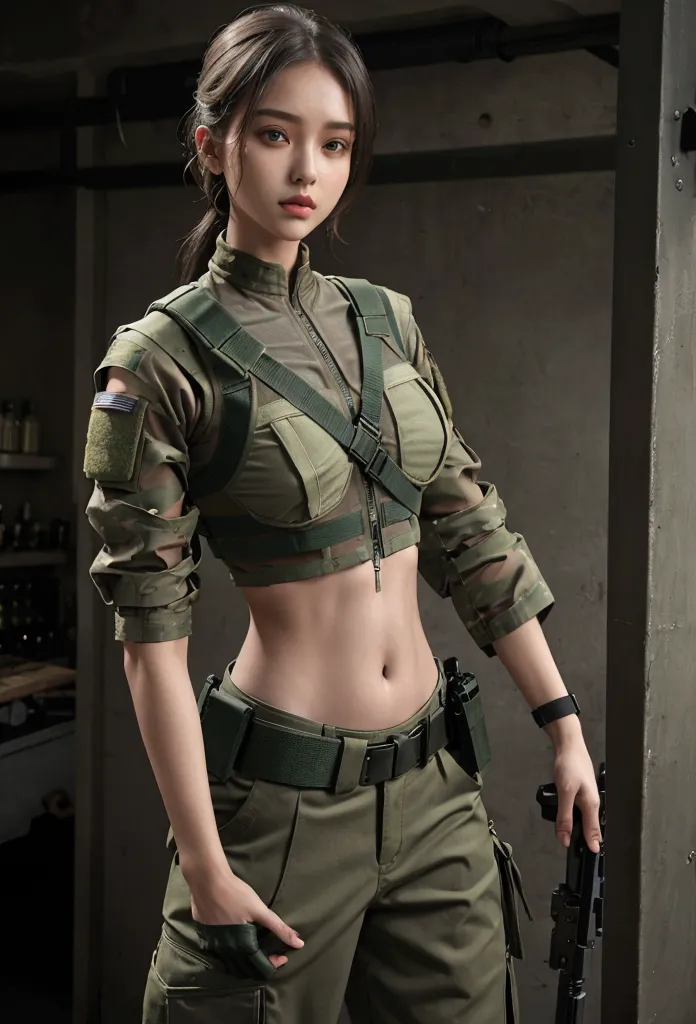 girl in crop top military bulletproof vest see through clothes inside  , military green cargo pants, belt, military helmet, tact...