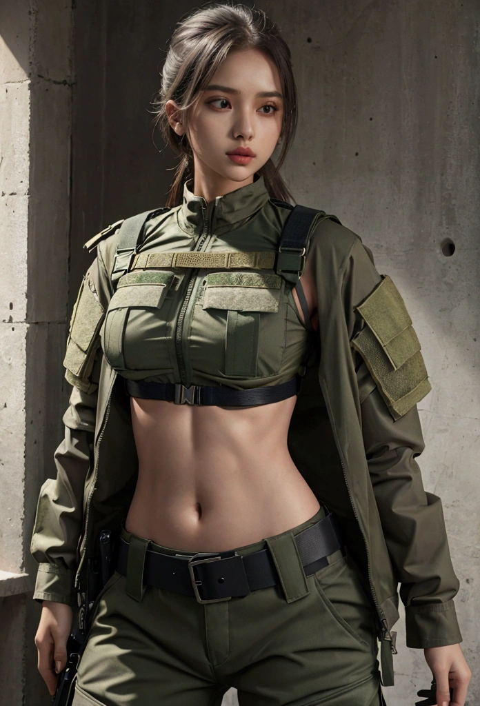 girl in crop top military bulletproof vest see through clothes inside  , military green cargo pants, belt, military helmet, tactical, (open navel), 