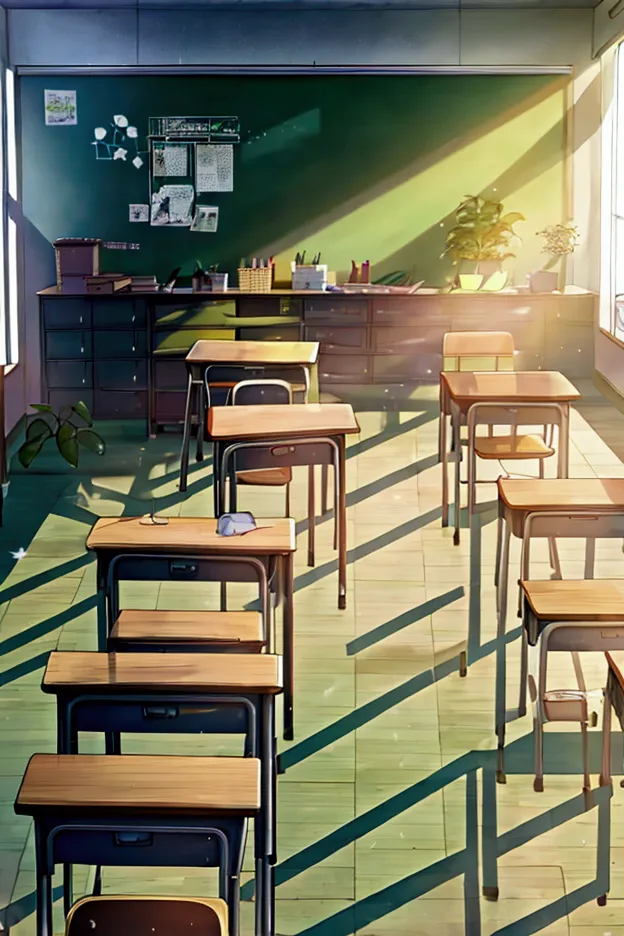 a school classroom with green plants and sunlight shining through the windows, a desk in front of it, anime style, high resoluti...