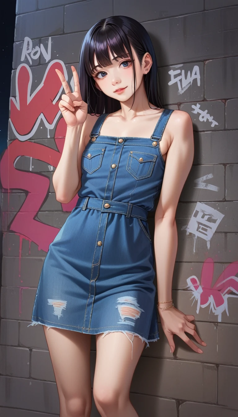 Fraction_9, Fraction_8_up, Fraction_7_up, Fraction_6_up, Fraction_5_Direction_4_up, src_Japanese cartoons, 1 Girl, Medium black hair, Bangs, Denim Dress, wall, Graffiti, Dark Shadows, night, V Sign