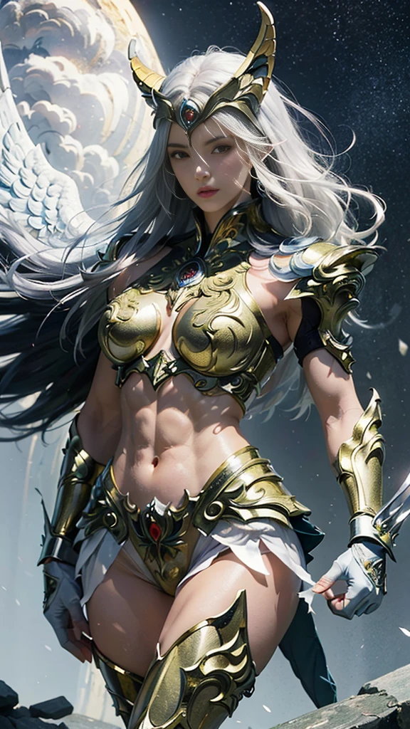 (((the highest quality: 1.4))),(unparalleled masterpiece ever), (Ultra high definition),(Ultra realistic 8K CG), (1girl), perfect athlete body, Beautiful and well-groomed face, (muscular body:1.4), (sexy, Saint Seiya God pegasus cloth, headgear, white hair ornament), Detailed breastplate, gauntlets, standing, (Image from head to thigh), ((White hair color, floating)), Simon Bisley's urban savage style, Detailed ancient Roman background, sexy midriff , Complex equipment, gold with blue stars and gold and blue stripes, pegasus cloth armor, Poison tattoo,  (Thin pink lips: 0.8)