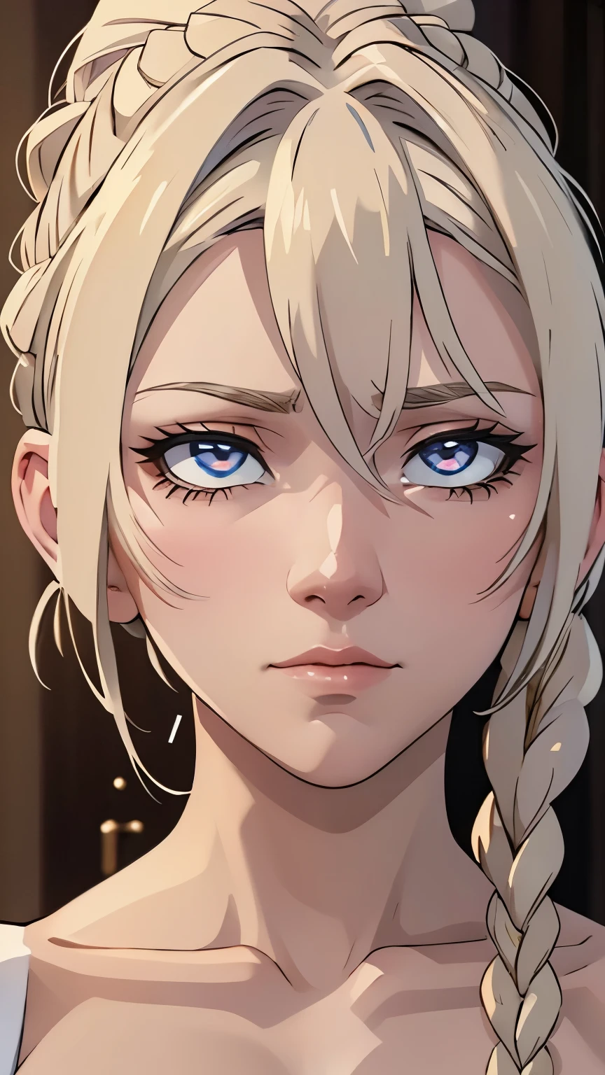 RUSSIAN WAIFU, blonde hair, silver hair, white hair, single braid, sparkling eyes, longeyelashes, closed mouth, turn pale, determined, pensive, thinking, UHD, masterpiece, accurate, anatomically correct, super detail, high details