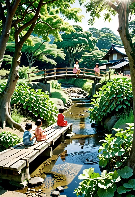 a rural scene in japan in the 1960s. children sitting and chatting on a small wooden bridge over a village stream. midsummer sun...