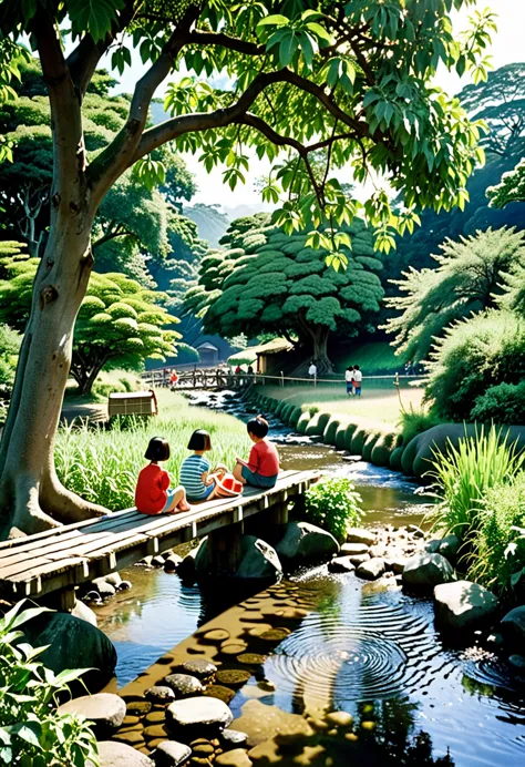 a rural scene in japan in the 1960s. children sitting and chatting on a small wooden bridge over a village stream. midsummer sun...