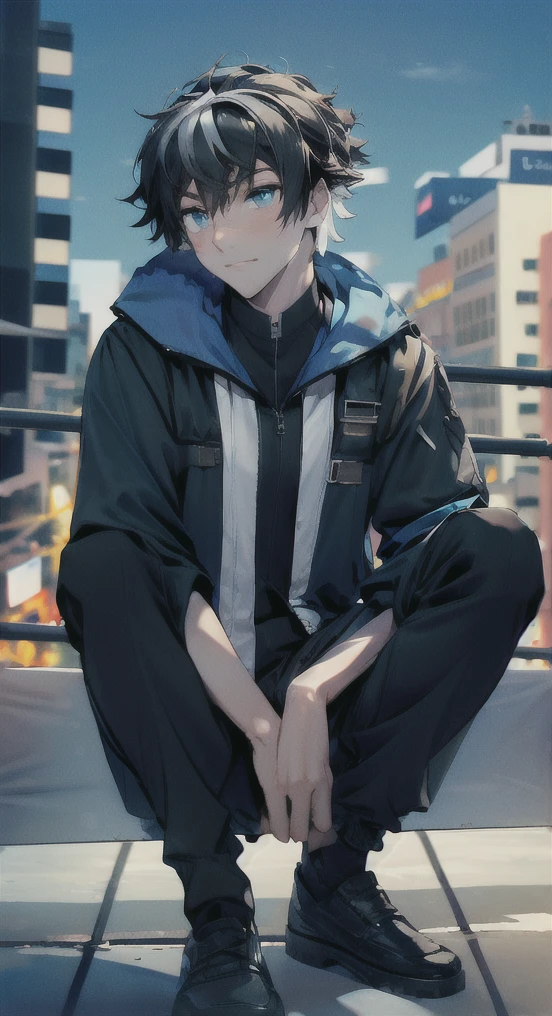 (masterpiece), (HDR), absurdres, (best quality), (ultra high quality), (hi-res), (((sitting))), head tilt, (1boy), solo, alone, mature, charlemagne (blue eyes), beautiful detailed eyes, (((black hair))), multicolored hair, bishounen, BREAK, Transparent Dress, casual clothes, black pants, dynamic poses, looking away from viewer, blush, city