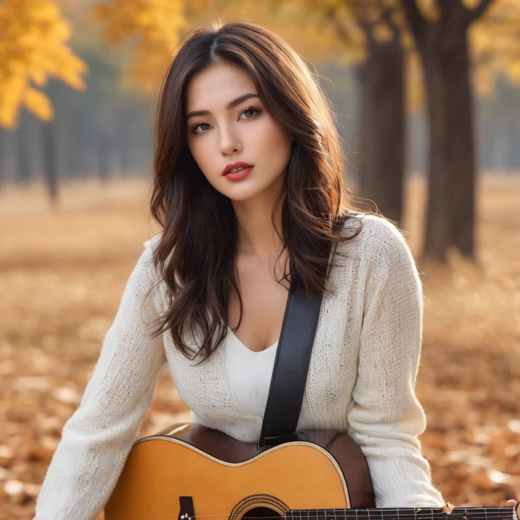 Ultra-Realistic Capture,18k,RAW Photos,Highest quality,masterpiece,reality,Very detailed,Sharp Photos,Very beautiful woman,Acoustic guitar,Magazine Cover,autumn,Portrait,Sexy pose,Captivating pose,