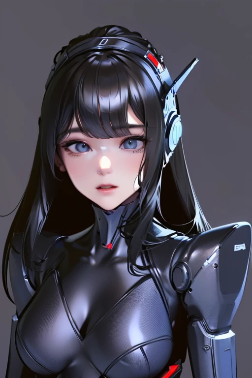 (masterpiece),(Highest quality),(Super detailed),(Best illustrations),(Best Shadow),(Absurd),(Detailed Background),(so beautiful), 16K, 8K, 4K,(Best Shadow),empty eyes,robotization,woman ,big bust,Robot Joint ,Metal skin,Black Suit,long hair,a black suit that covers the whole body