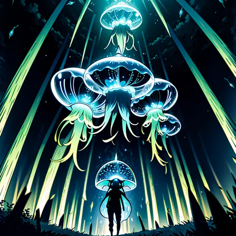 masterpiece, high quality, ultra high resolution, pokemon style, light type, a mix of a firefly bioluminescent jellyfish and a l...