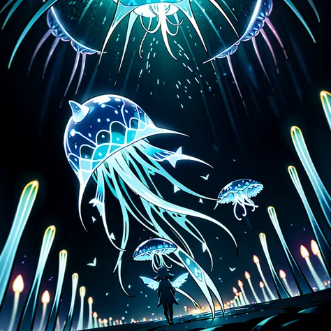 masterpiece, high quality, ultra high resolution, pokemon style, light type, a bioluminescent jellyfish with firefly wings and a...