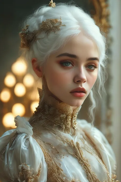 style of bella kotak, gothic, ((white hair)), ((waist and torso portrait)), albine woman, award winning, perfect eyes, detailed ...