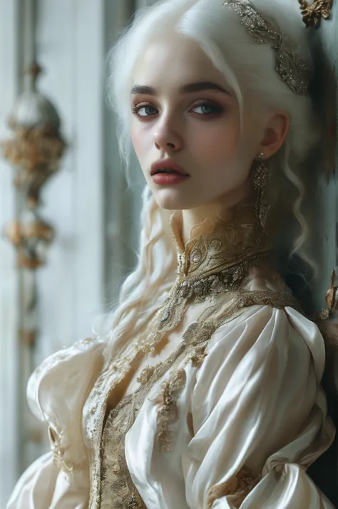 style of bella kotak, gothic, ((white hair)), ((waist and torso portrait)), albine woman, award winning, perfect eyes, detailed ...