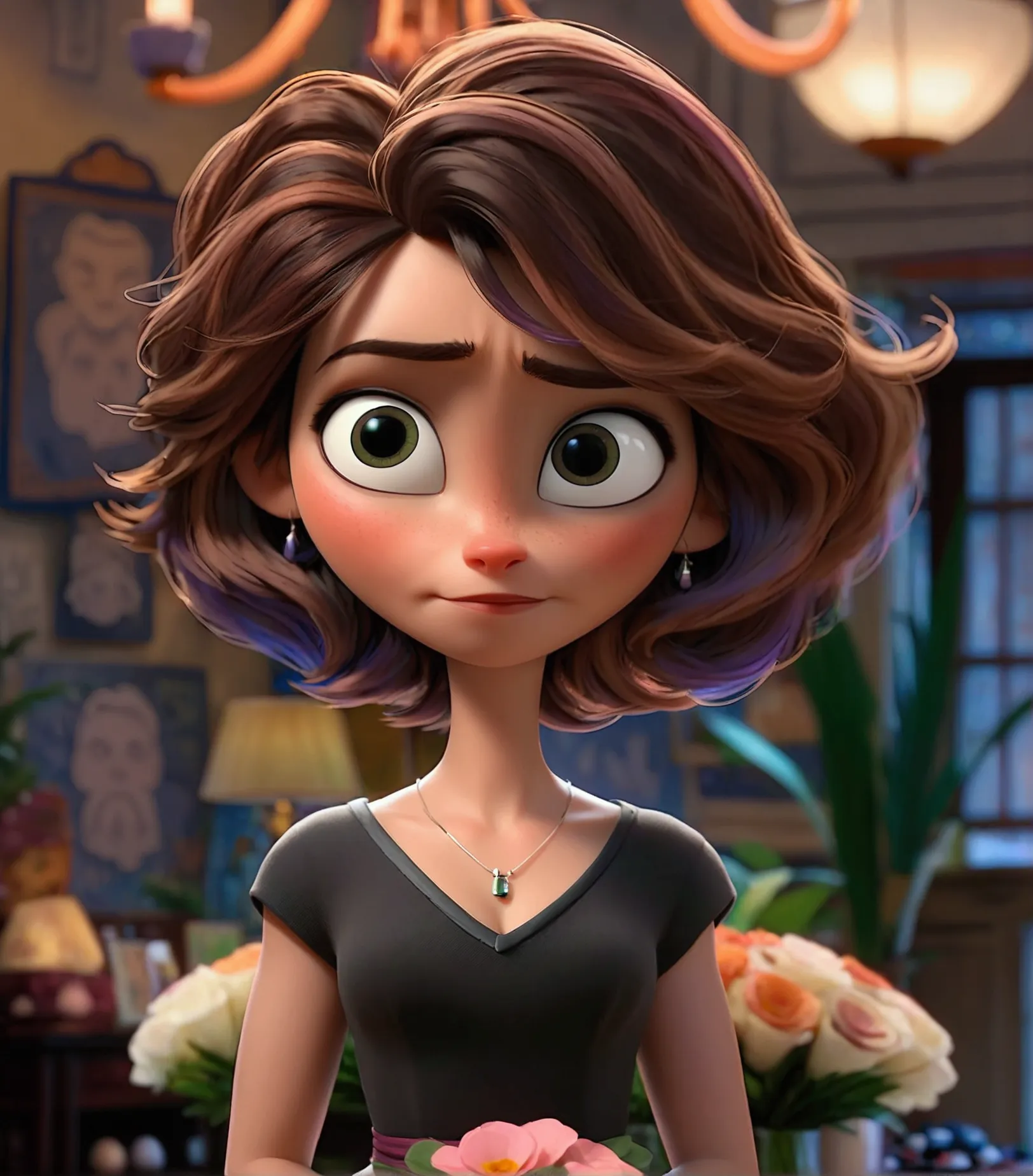 cass hamada from big hero 6 looks radiant in a magnificent wedding gown, surrounded by a bouquet of fragrant flowers, walking el...