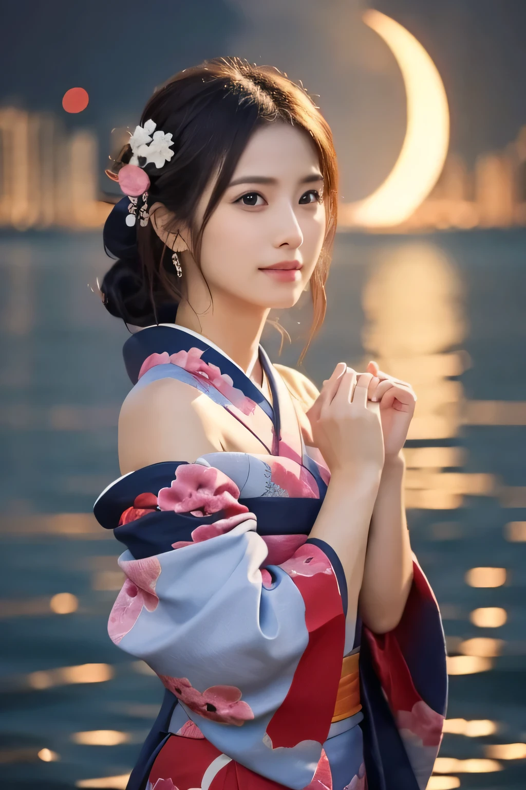 (A beautiful girl dancing in a twelve-layered kimono:1.8), (Baby Face:1.2), (sad:1.5), (Stretch your hands out in front of you:1.5, (Open your mouth:1.3), (Highest quality:1.4), (Highly detailed and realistic skin:1.3), (Very detailedな髪と顔), (Look up:1.5), (Large waning moon in the background:1.3), Very detailed, (Flat Chest:1.3), (Skinny body type:1.3), (Off the shoulder:1.3), (Close-up of face:1.8), Lake at night, (The moon reflects on the lake:1.5), Smooth, Very detailed CG synthesis 8k wallpaper, High-resolution RAW color photos, Professional photography, Light, BackLight, dream-like, impressive, Written boundary depth