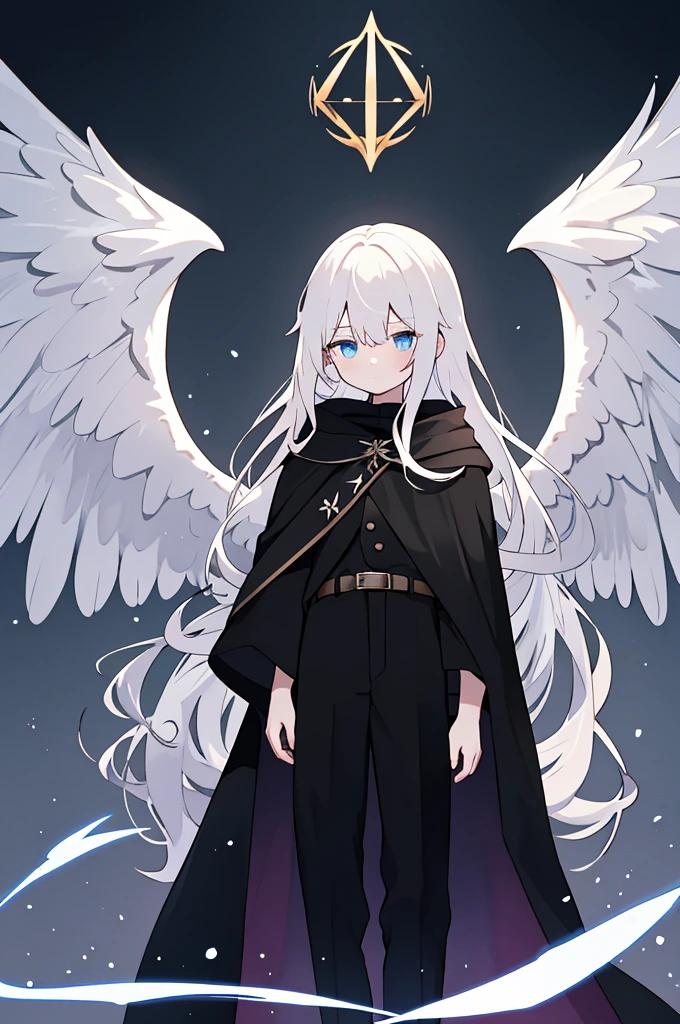 White long hair, white big wings, {{indifferent}}, black clothes, black long pants, black cloak, black hood silhouette, {{young boy}}