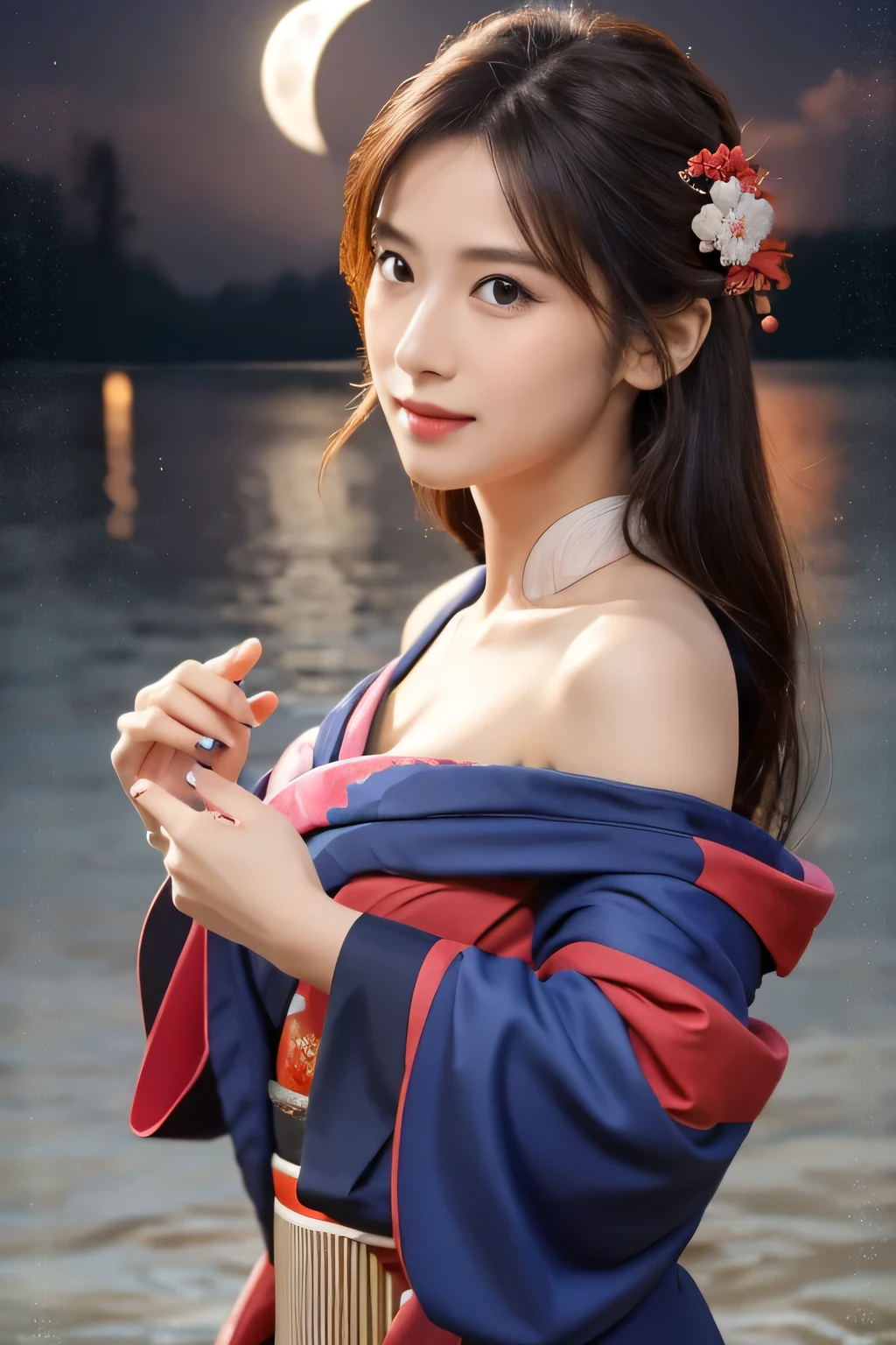 (A beautiful girl dancing in a twelve-layered kimono:1.8), (Baby Face:1.2), (sad:1.5), (Hands on chest:1.3), (Open your mouth:1.3), (Highest quality:1.4), (Highly detailed and realistic skin:1.3), (Very detailedな髪と顔), (Look up:1.5), (Large waning moon in the background:1.3), Very detailed, (Flat Chest:1.3), (Skinny body type:1.3), (Off the shoulder:1.3), (Face close-up:1.5), Lake at night, (The moon reflects on the lake:1.5), Smooth, Very detailed CG synthesis 8k wallpaper, High-resolution RAW color photos, Professional photography, Light, BackLight, dream-like, impressive, Written boundary depth