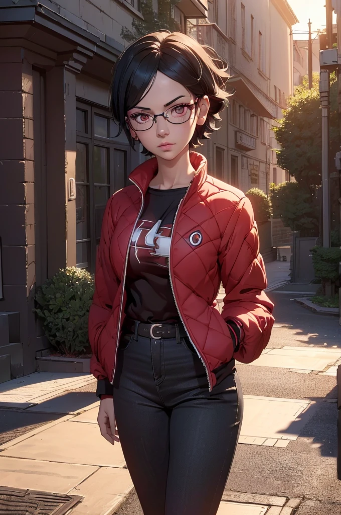 girl with glasses, female, full body, standing (best quality,4k,8k,highres,masterpiece:1.2),ultra-detailed,(realistic,photorealistic,photo-realistic:1.37),intricate details,highly detailed face and eyes,extremely detailed skin ,detailed sarada uchiha character,hyper detailed and realistic,dark fantasy,dramatic lighting,cinematic composition