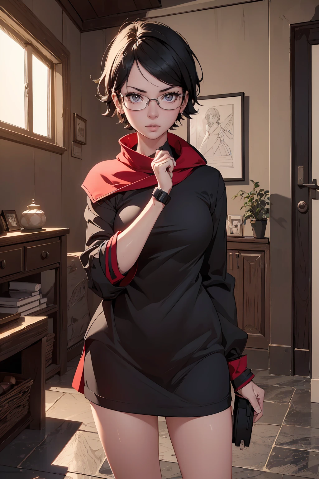 girl with glasses, female, full body, standing (best quality,4k,8k,highres,masterpiece:1.2),ultra-detailed,(realistic,photorealistic,photo-realistic:1.37),intricate details,highly detailed face and eyes,extremely detailed skin ,detailed sarada uchiha character,hyper detailed and realistic,dark fantasy,dramatic lighting,cinematic composition