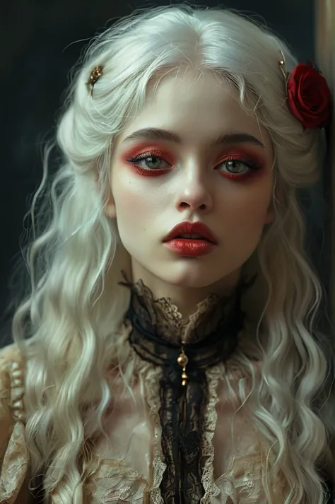 style of bella kotak, gothic, (((vampire woman)), ((vampire)), ((white hair)), ((((waist and torso portrait)))), albine woman, (...