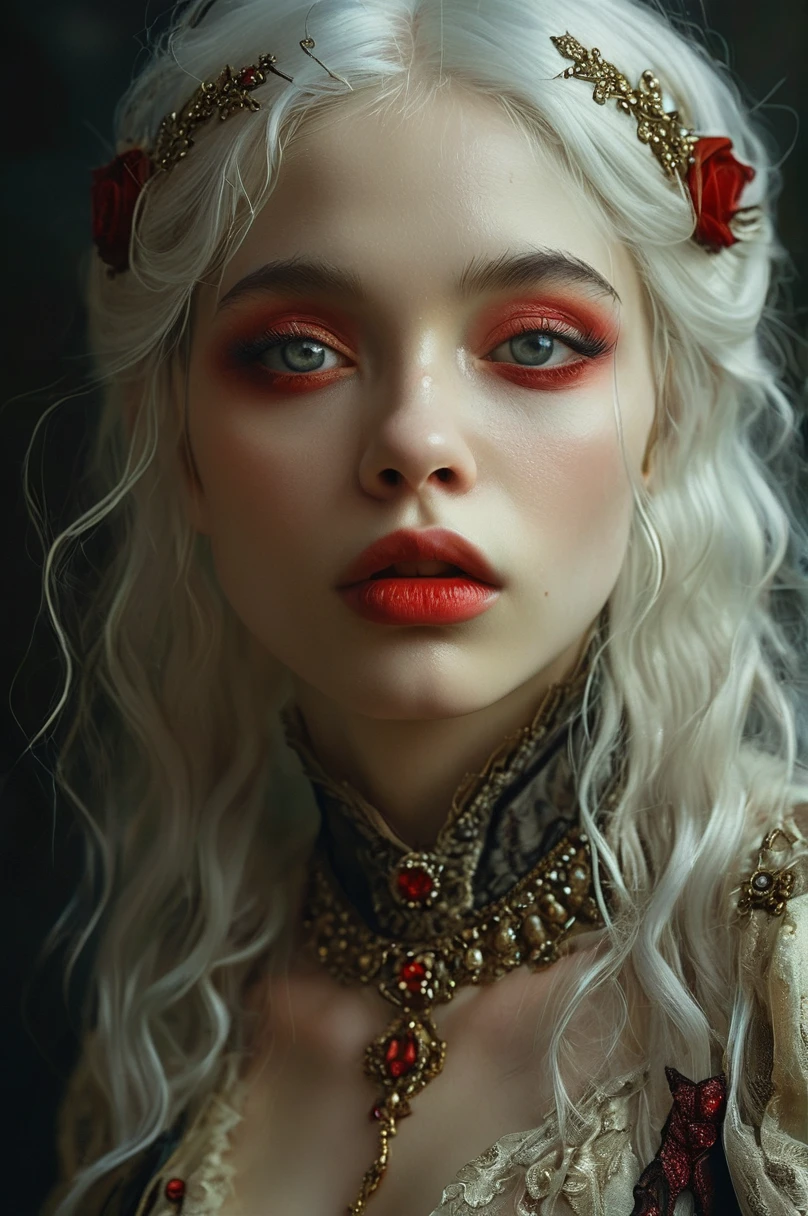 style of Bella Kotak, gothic, (((vampire woman)), ((vampire)), ((white hair)), ((((waist and torso portrait)))), albine woman, (reddish pupils), award winning, perfect eyes, detailed skin, beautiful face, detailed face, very femenine, cleavage, Rembrandt Lighting Style,Hyperrealism style,Hyperrealism style,Extremely high-resolution details,photographic,realism pushed to extreme,fine texture,incredibly absurdres,absurdres,masterpiece,Extremely high-resolution details,realism pushed to extreme, dark haze atmosphere