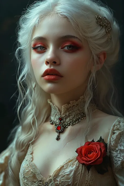 style of bella kotak, gothic, (((vampire woman)), ((vampire)), ((white hair)), ((((waist and torso portrait)))), albine woman, (...