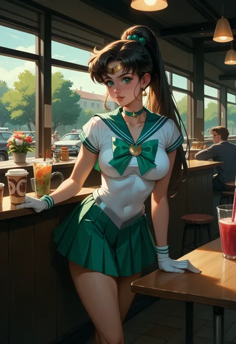 sailor jupiter from the cartoon "sailor moon", by the cafe, horse&#39;s tail, torn clothes, bare breasts, annoyed,  looking at t...