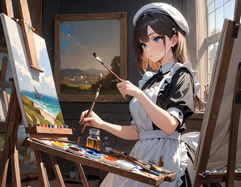 ((masterpiece)), ((best quality)), perfect detailed eyes, perfect detailed face, a girl wearing a maid's uniform painting an oil...