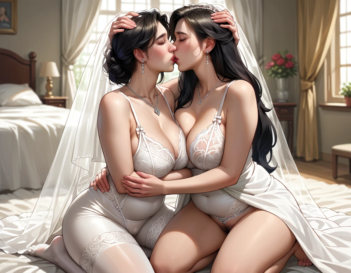 score_9, score_8_up, score_7_up, source_anime,realistic, (mother and son, kid, hug, kiss, hand on head, kneeling) ,plump, big breast, hairy pussy, lingerie,necklace, earing, black hair, long hair mother and son, dick, wedding dress,