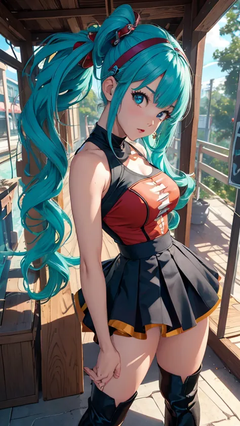 masterpiece, best quality, highres, dragonball, blmmid, aqua hair, medium hair, with short skirt and boots, hyperrealism, ((desd...