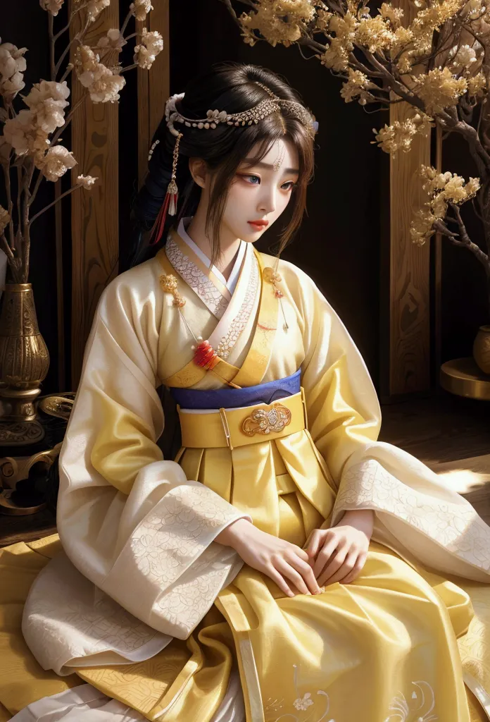 beautiful girl in traditional hanbok, (empress of joseon dynasty_gorgeous, elegance, aura, intricate and delicate detailed descr...