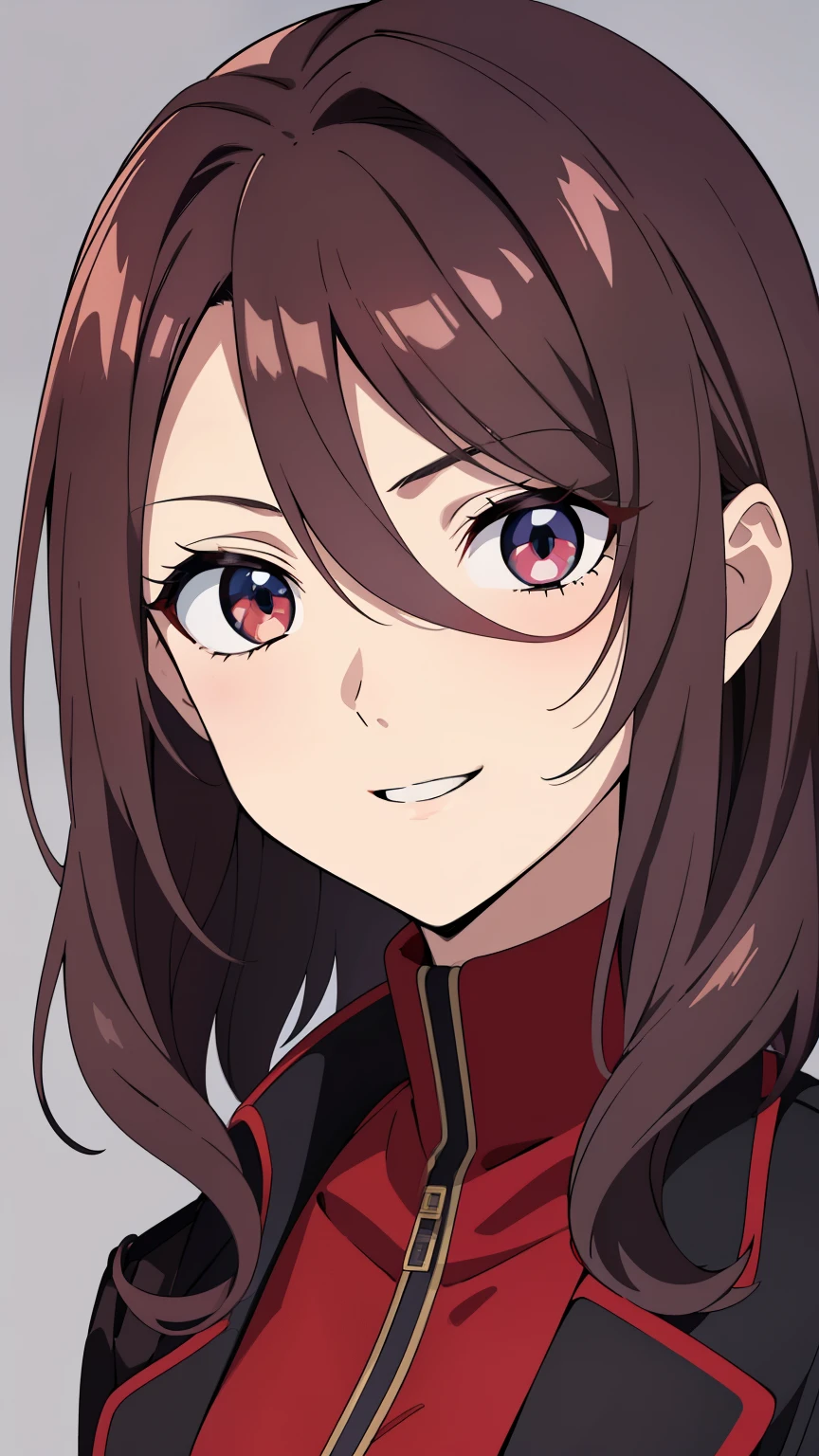 s(high-quality, breathtaking),(expressive eyes, perfect face) 1girl, female, solo, young adult, feminine face, dark red color hair, dark blue eye color, fluffy wavy hair, short hair length, Symmetrical Eyes, portrait, half body, cute smile, grey background, hair between eyes, red shirt, black jacket, tomboy
